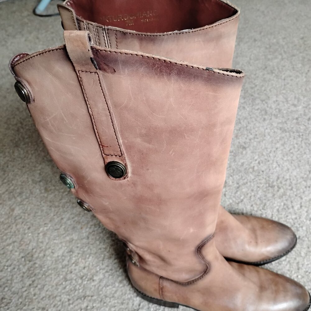 Arturo Chiang Women's 7 Tan Distressed Button Embellished Tall Riding Boots